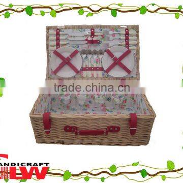 new design cheap wholesale natural wicker picnic basket food basket four persons red leather straps fabric liner
