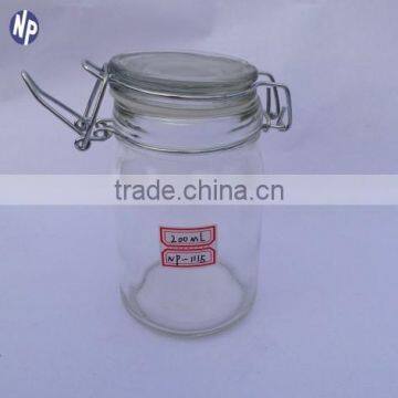 200ml round clear glass storage jar with metal clips