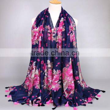 Charm Flower Printing High Density Voile Head Scarf with Tassels