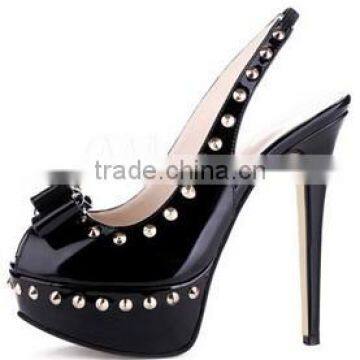 High quality metal rivet print women high heel platform shoes with bowknot black women sandals