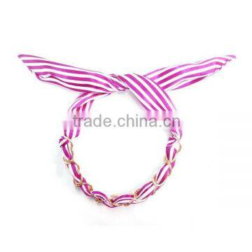 Striped rabbit hairband decorated metal chain wrapped