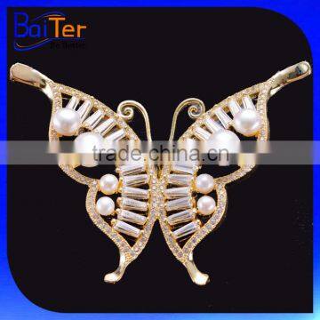 Yellow Gold Plated Crystal Butterfly Wing Brooch/Fresh Water Pearl Copper Butterfly Brooch