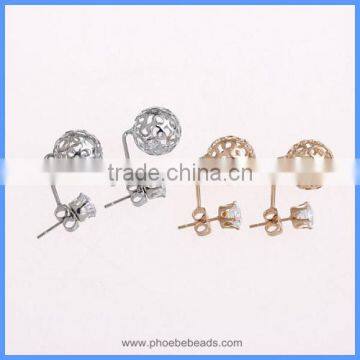 Wholesale New Style12mm Hollow Metal Ball Cubic Zirconia Zircon Diamond Stud Earrings For Women CTBE12-C01