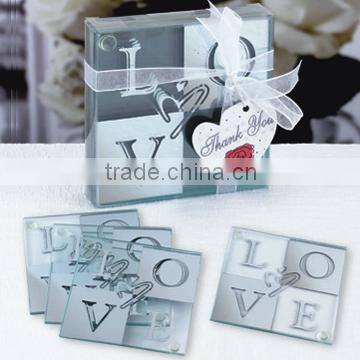 Cheap love series clear square glass table mat coaster for wholesale