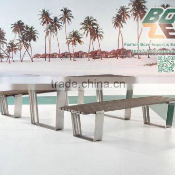 Stainless steel wood garden bench and table, picnic garden furniture