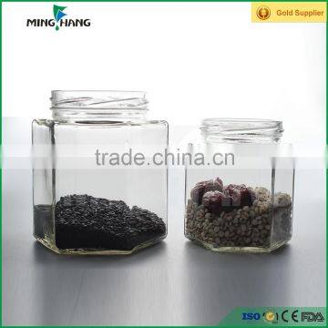 350/650ml transparent glass storage jar for food with hexagon