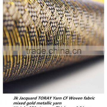 Excellent 3K Jacquard carbon fiber woven fabric mixed gold metallic yarn high quality fabric