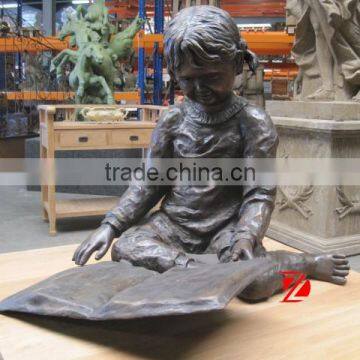 Bronze little reading girl statue indoor decoration