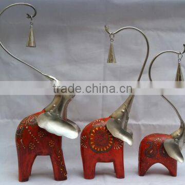 IRON/WOODEN PAINTED ELEPHANT SET OF 3 HANGING BELL IN TRUNCK