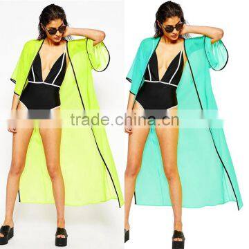 Summer Beach Style Women Beachwear Cover Up Beach Ladies Sexy Contrast Trim Long Beach Kimono Style Swimwear