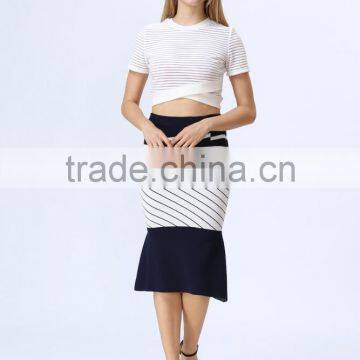 2016 New Arrival White & Black Stripe Knitted Crop and Fishtail High Waist Knitted Skirt Co-ord Set photo-3