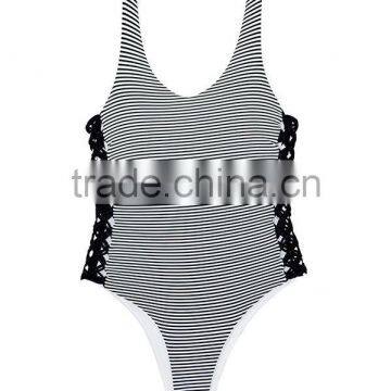 Ladies Black and White Stripe and Side Braid One-piece Swimwear photo-3