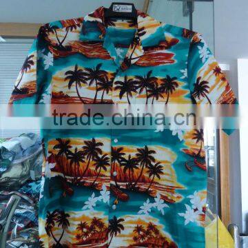 MENS GREEN 100% COTTON COCONUT TREE PRINTED HAWAIIAN SHIRT SUMMER SHORT SLEEVE SHIRT