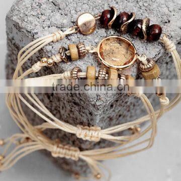 fashion beige wax cord woven bracelets sets diy handmade wooden beads crystal charms bracelets sets for friendship bracelets