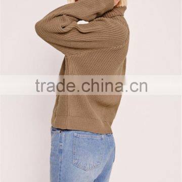 Oversized Drop Shoulder Roll Neck Crop Jumper Knitwear Sweater High Collar Pullover Brown Women Winter Clothings photo-4