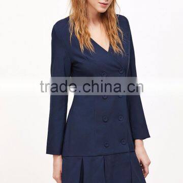 Navy Double Breasted Pleated Hem Dress Polyester Spandex Long Sleeve V Neck Casual Plain Dress