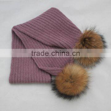 Myfur Classic Ribbed Pattern Knit Scarf for Kids With Two Big Size Natural Raccoon Fur Pom Poms photo-3