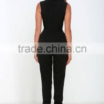 New Style Women Sleeveless Folded Mock Neck Black Jumpsuit 2015 photo-4