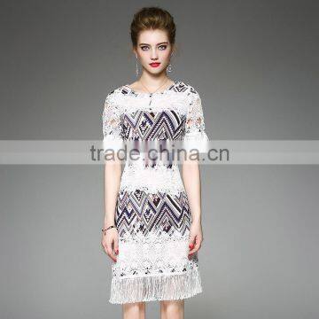 2017 New Design Factory Customized Summer Womens High Grade Slim Elegant Round Collar Tassels Short Sleeve Sexy Party Dresses photo-2