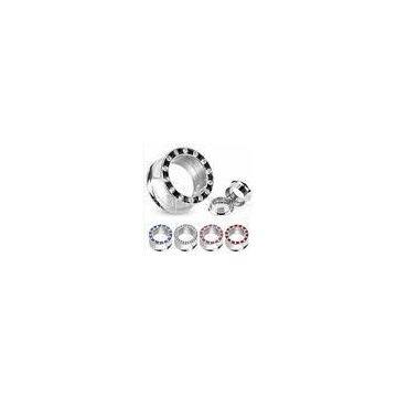 Threaded Flared Ear Flesh Tunnels With CZ Stone For Female , Steel Color