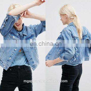 Fashion Point collar denim jacket with Frill Detail,Mid Stone-wash jean jacket wholesale