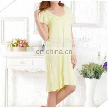 Lace Trim Square Neck Short Sleeves Bamboo Sleep Gown Solid Colors photo-3