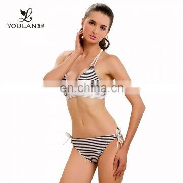 Fashionable Fantastic Halter Neck Padded Stripe Print Child Models Girls In Bikini