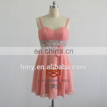 New arrival semi-sheer chiffon Beaded waist prom dress short mini high school homecoming dress HMY-D362 sexy short mini dress