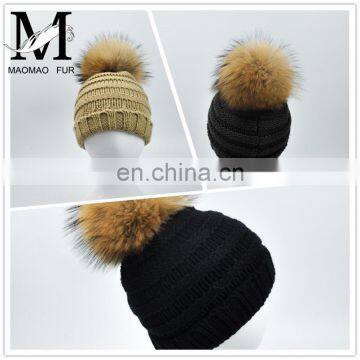 CC Beanie Hat With Real Raccoon Fur Bobble Customized Kids Hats Children Beanie