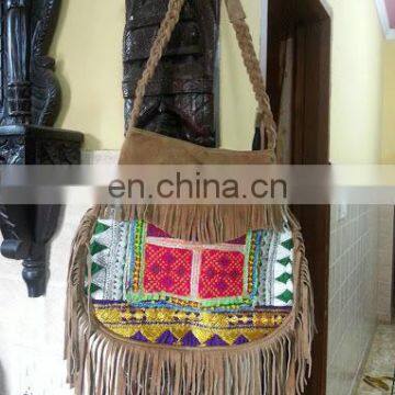 VINTAGE BANJARA EMBROIDERY SUEDE ETHNIC PATCHWORK HANDMADE MIRROR TRIBAL BAG