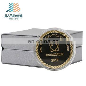 Custom 3d gold metal coin Arabia logos stamping zinc alloy metal challenge coin with custom PU box