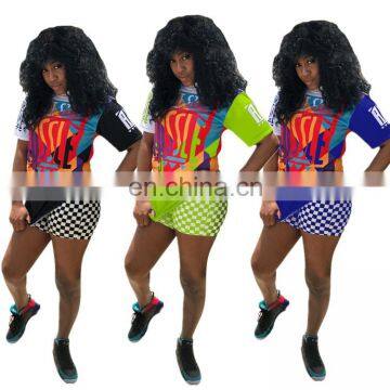 Fashion Custom  2 Pieces Carton Printing Plus Size Shorts And T-shirt Set For Women