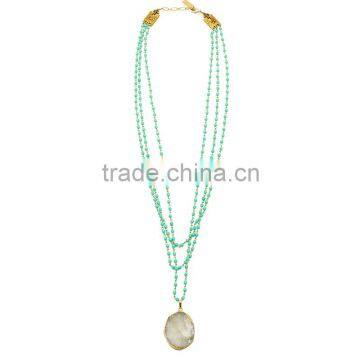 New arrival three layers turquoise beads necklace crystal druzy pendant chain necklace