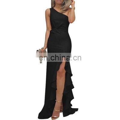 Wholesale custom new ladies slim slant shoulder collar dress solid color irregular long female slim nightclub side open skirt