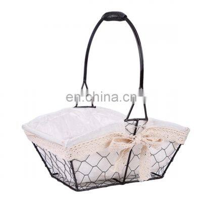 New Flower Girl Basket Picnic Hanging Basket Dark Brown Metal Wire Fabric Food Fruit Storage Flower Basket With Handles