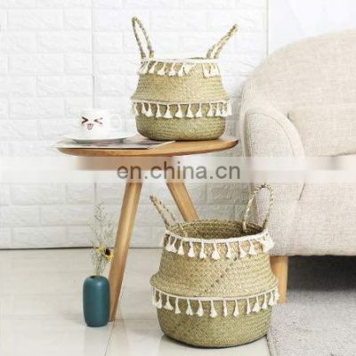 Natural Seagrass Storage Basket - Seagrass Belly Basket With White Tassel Foldable Woven PomPom Basket With Handle