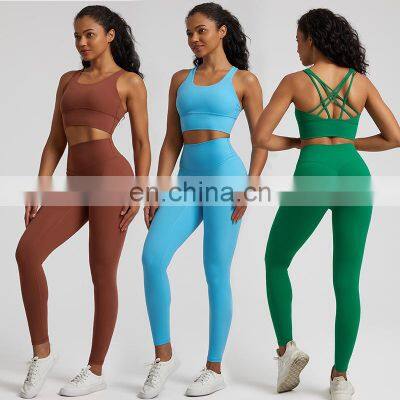 New Arrival Sexy Soft Women Thin Strap Cross Back Bra High Waist V Back Legging Pants Sports Yoga Gym Workout Suit Set Outfit