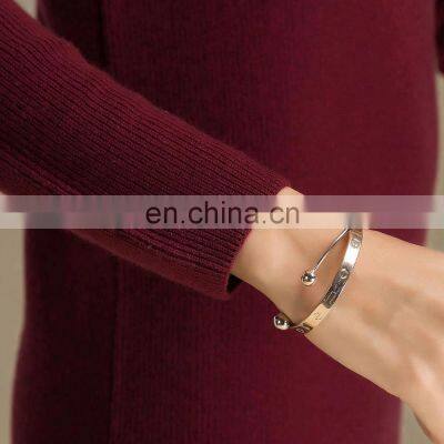 Women Slim Side Slit Turtleneck Wool Sweater Dress