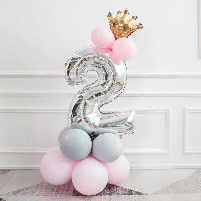 Numbers Princess Silver Prince Crown Foil Balloons Set Upright Latex Column Balloons for Baby Birthday Party Decor