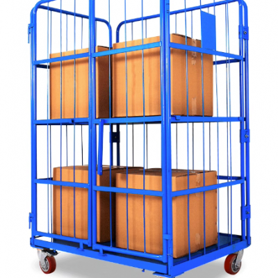 4 Sided Meshed Foldable to One Side Nesting Roll Container With Plastic Base