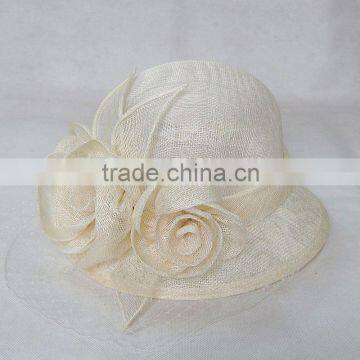 Round Top Sinamay Church Hat With 2 Flowers Decoration-Ivory