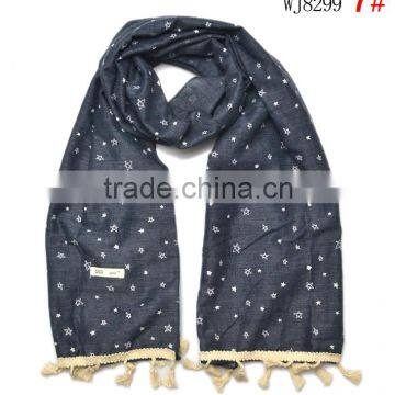Hot Selling Star Printed Tassel Lace Brim Sewed Boys Girls Kids Linen Cotton Scarf photo-5