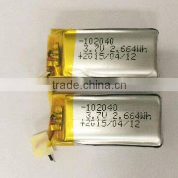 Rechargeable Lithium polymer battery 102040 720mAh 3.7V 2.664wh