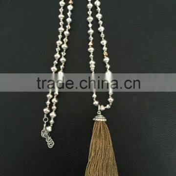 High quality Designer Antique Silver Beads Strand Metal Chain Tassel Necklace