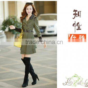 Military dress coat model&long dress coat with sweep for ladies&pu collar coat