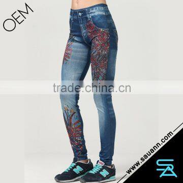 Floral Printing Faux Jean Stretch Jeggings