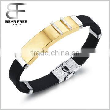 Stainless steel wristband bangle CZ inlay Gold ID tag two tones in Silicone chain