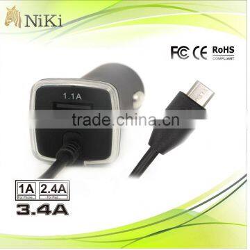 3.4A Dual USB Car Charger with Micro USB Cable for Samsung Galaxy