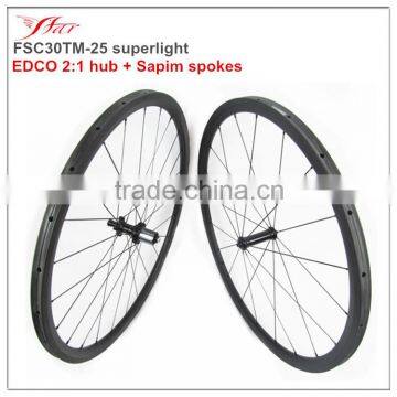 Racing bike wheels 700C full carbon fiber 30mm x 25mm tubular rims with EDCO hub, high-temp braking carbon bicycle wheels