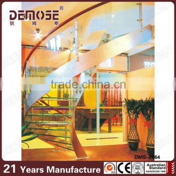 Single Stringer Curved Wooden Stair, Glass Railing Stairs